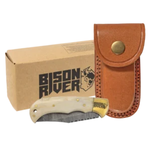 Bison River 3.75" Folding Knife with Damascus Steel Blade and Leather Sheath