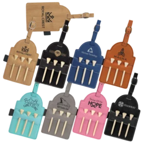 5" x 3.25" Leatherette Golf Bag Tag with 3 Wooden Tees